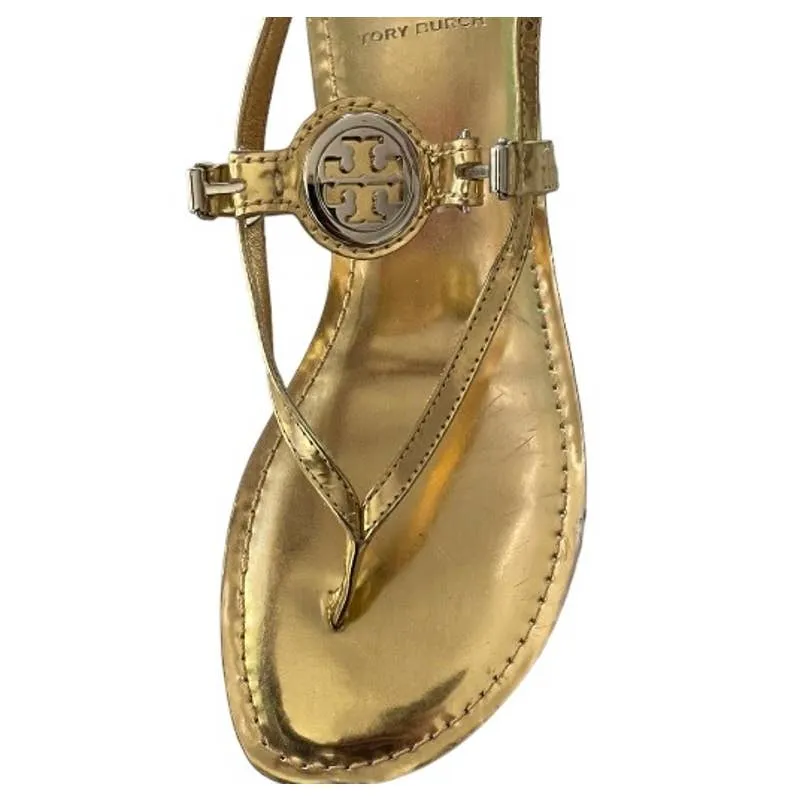 Tory Burch Gold Logo Tong Sandals Flats Size 8.5 Leather