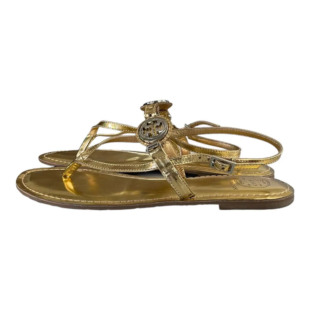 Tory Burch Gold Logo Tong Sandals Flats Size 8.5 Leather