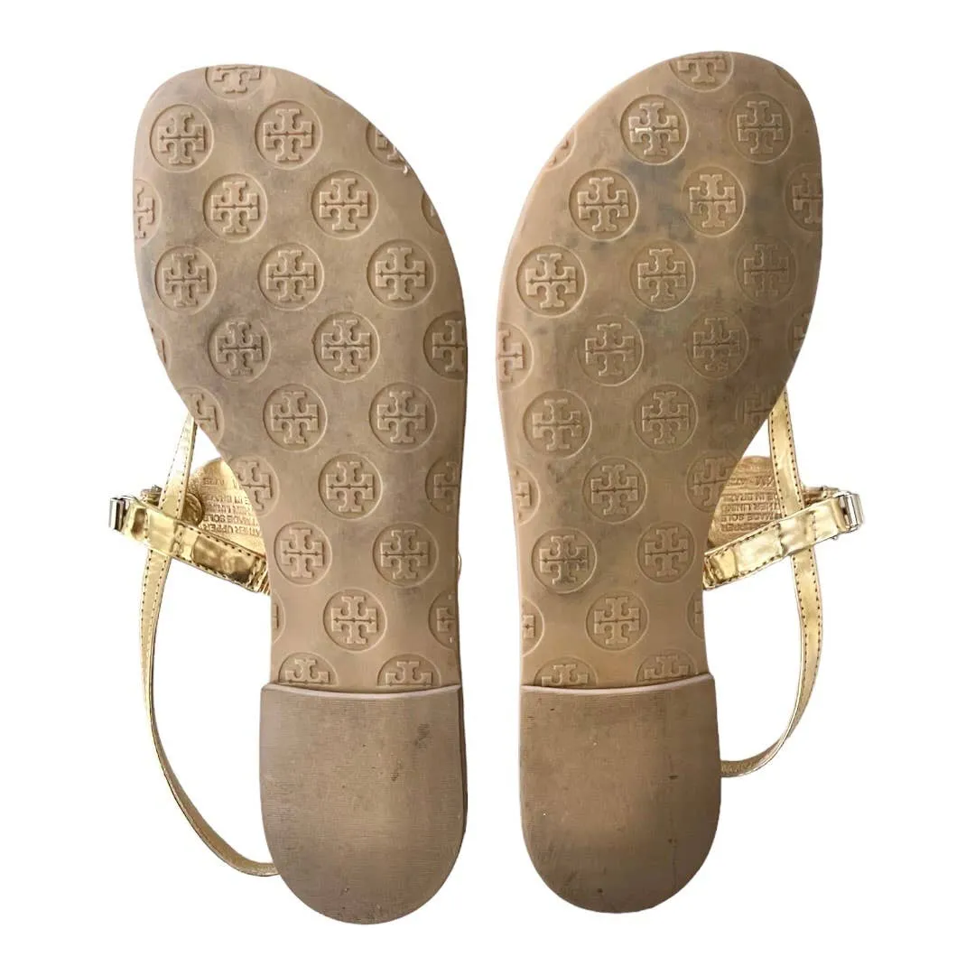Tory Burch Gold Logo Tong Sandals Flats Size 8.5 Leather