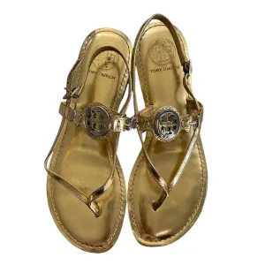 Tory Burch Gold Logo Tong Sandals Flats Size 8.5 Leather