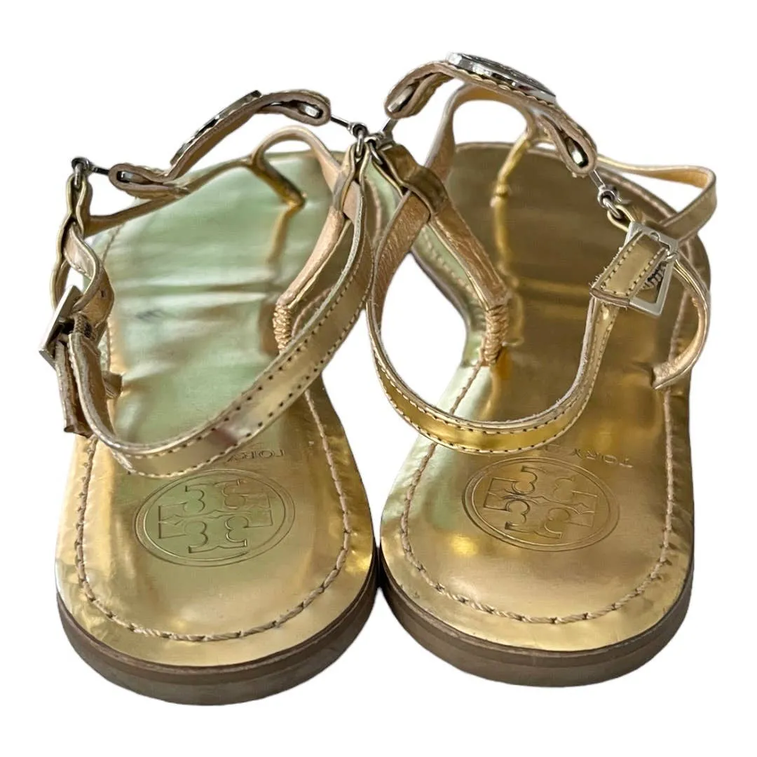 Tory Burch Gold Logo Tong Sandals Flats Size 8.5 Leather