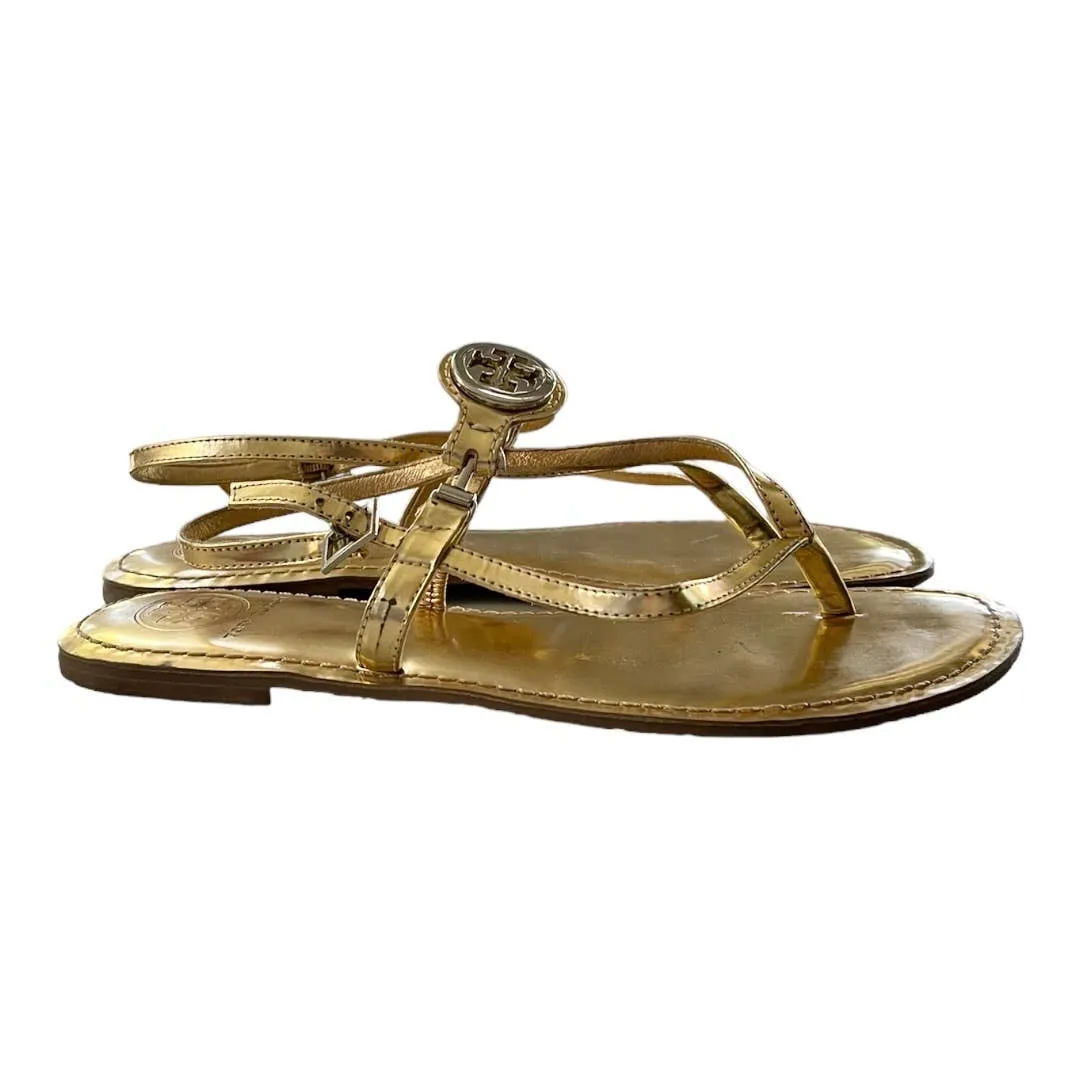 Tory Burch Gold Logo Tong Sandals Flats Size 8.5 Leather