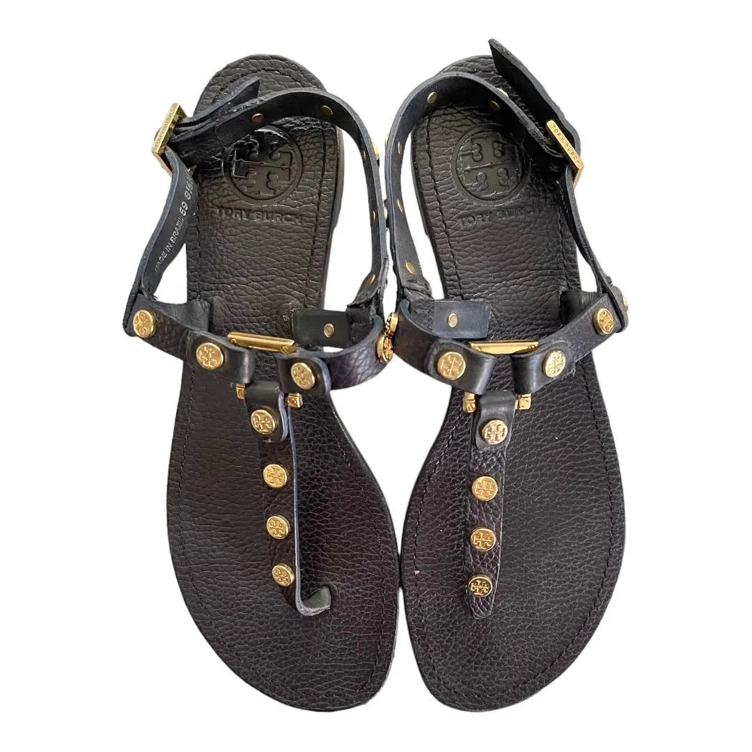 Tory Burch Marge Logo Studded Thong Sandals Flats Leather Size 8.5