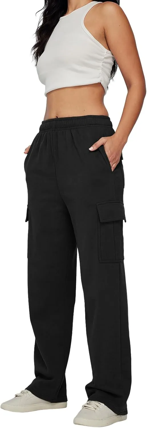 Trendy Queen Womens Cargo Sweatpants Wide Leg Baggy Fleece High Waisted Sweats Pants Winter Clothes with Pockets