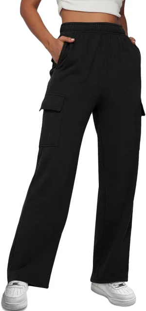 Trendy Queen Womens Cargo Sweatpants Wide Leg Baggy Fleece High Waisted Sweats Pants Winter Clothes with Pockets