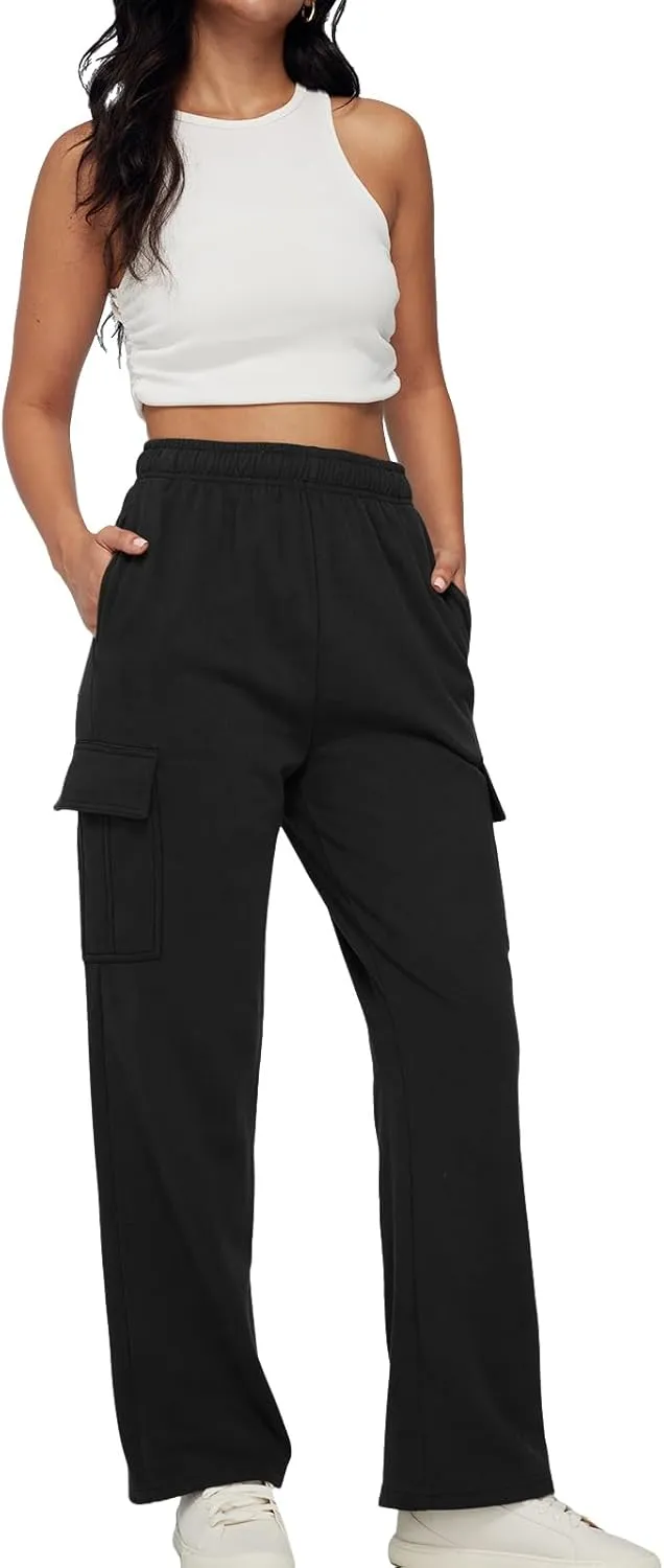 Trendy Queen Womens Cargo Sweatpants Wide Leg Baggy Fleece High Waisted Sweats Pants Winter Clothes with Pockets