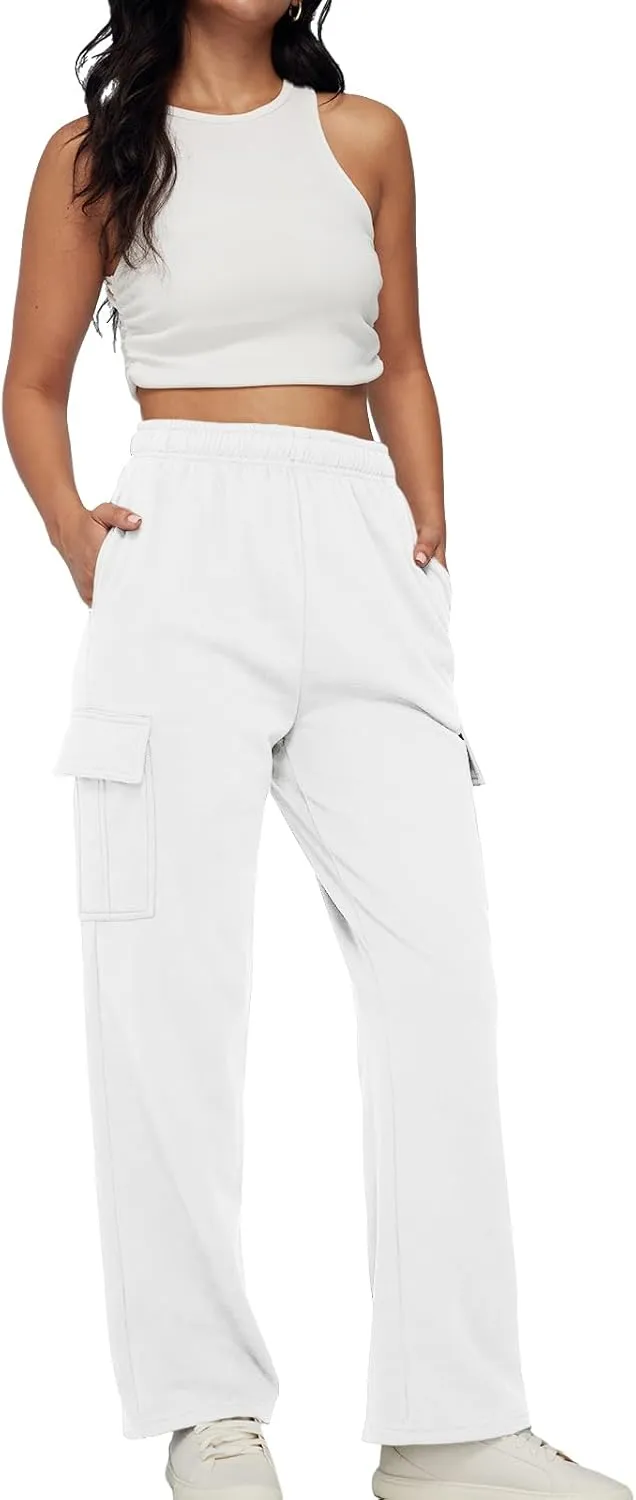 Trendy Queen Womens Cargo Sweatpants Wide Leg Baggy Fleece High Waisted Sweats Pants Winter Clothes with Pockets