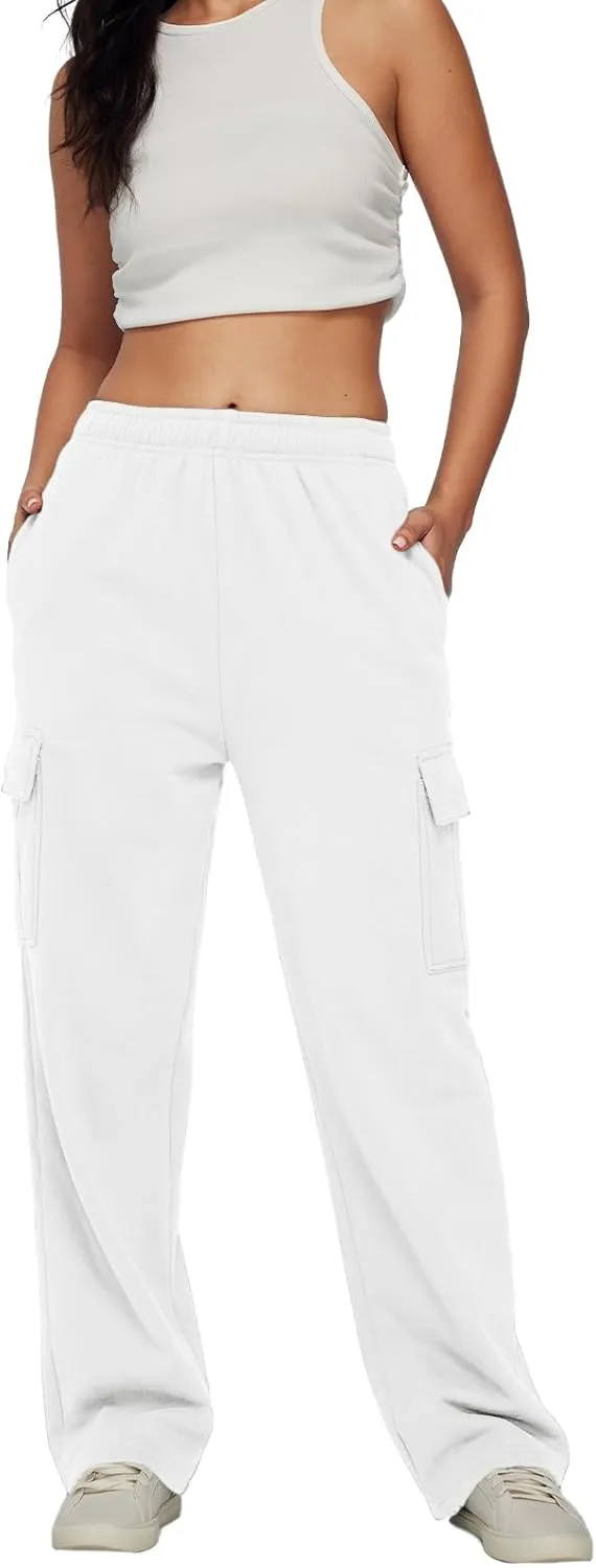 Trendy Queen Womens Cargo Sweatpants Wide Leg Baggy Fleece High Waisted Sweats Pants Winter Clothes with Pockets
