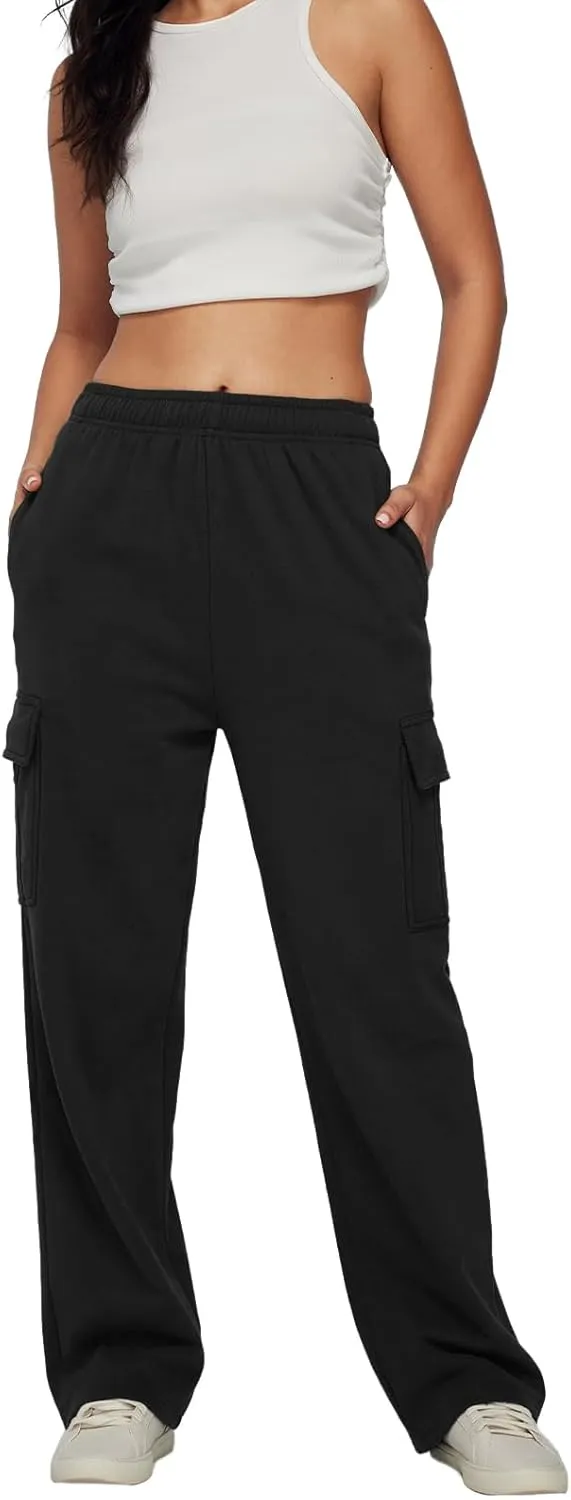 Trendy Queen Womens Cargo Sweatpants Wide Leg Baggy Fleece High Waisted Sweats Pants Winter Clothes with Pockets