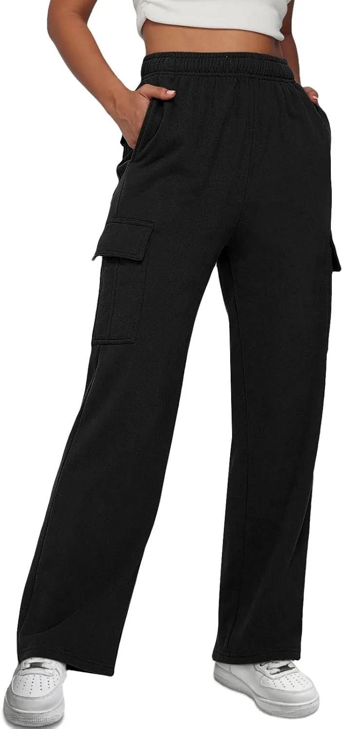 Trendy Queen Womens Cargo Sweatpants Wide Leg Baggy Fleece High Waisted Sweats Pants Winter Clothes with Pockets