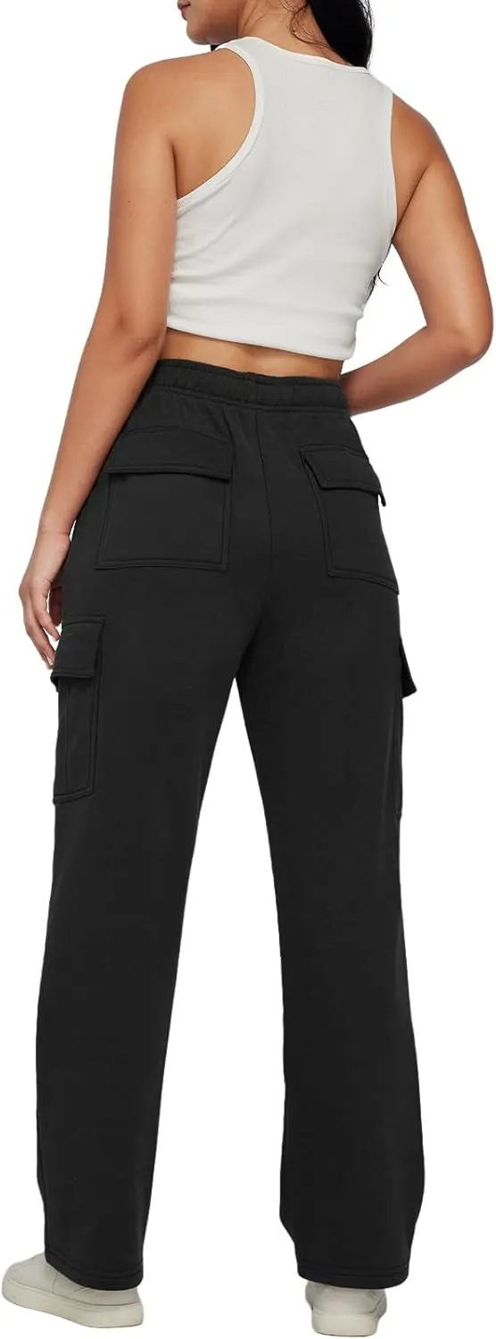 Trendy Queen Womens Cargo Sweatpants Wide Leg Baggy Fleece High Waisted Sweats Pants Winter Clothes with Pockets
