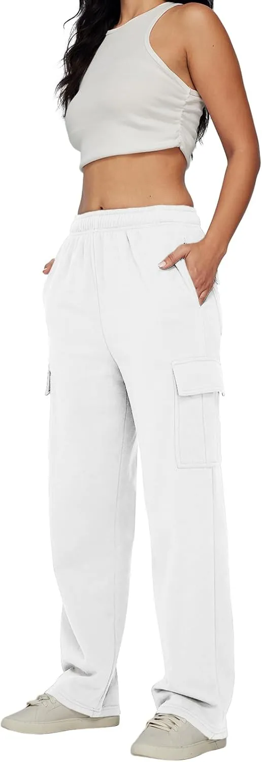 Trendy Queen Womens Cargo Sweatpants Wide Leg Baggy Fleece High Waisted Sweats Pants Winter Clothes with Pockets