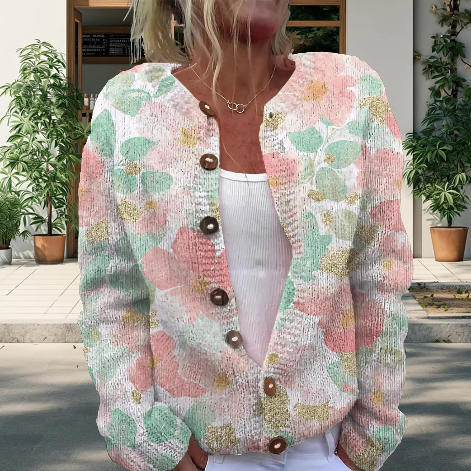 Trendy Sweater Cardigan for Women Button Up Oversized Long Sleeve Floral Comfy Sweaters Plus Size Tops Outfits