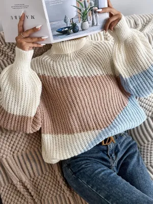 Turtleneck Bishop Sleeve Colorblock Oversized Sweater (Color : Multicolor, Size : Medium)