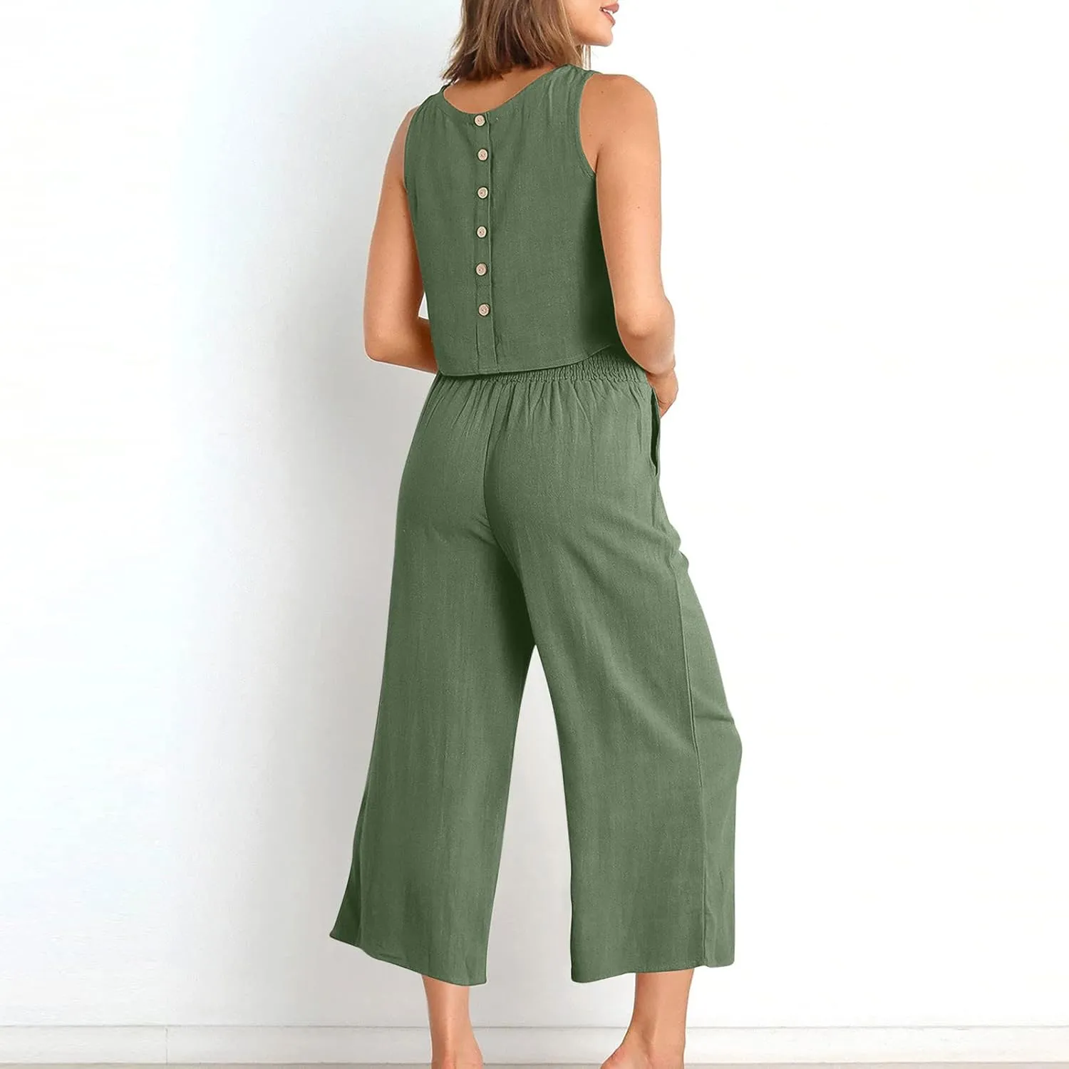 Two Piece Sets for Women Summer Vacation Outfits Sleeveless Crop Top Wide Leg Pants Lounge Beach Travel Clothing