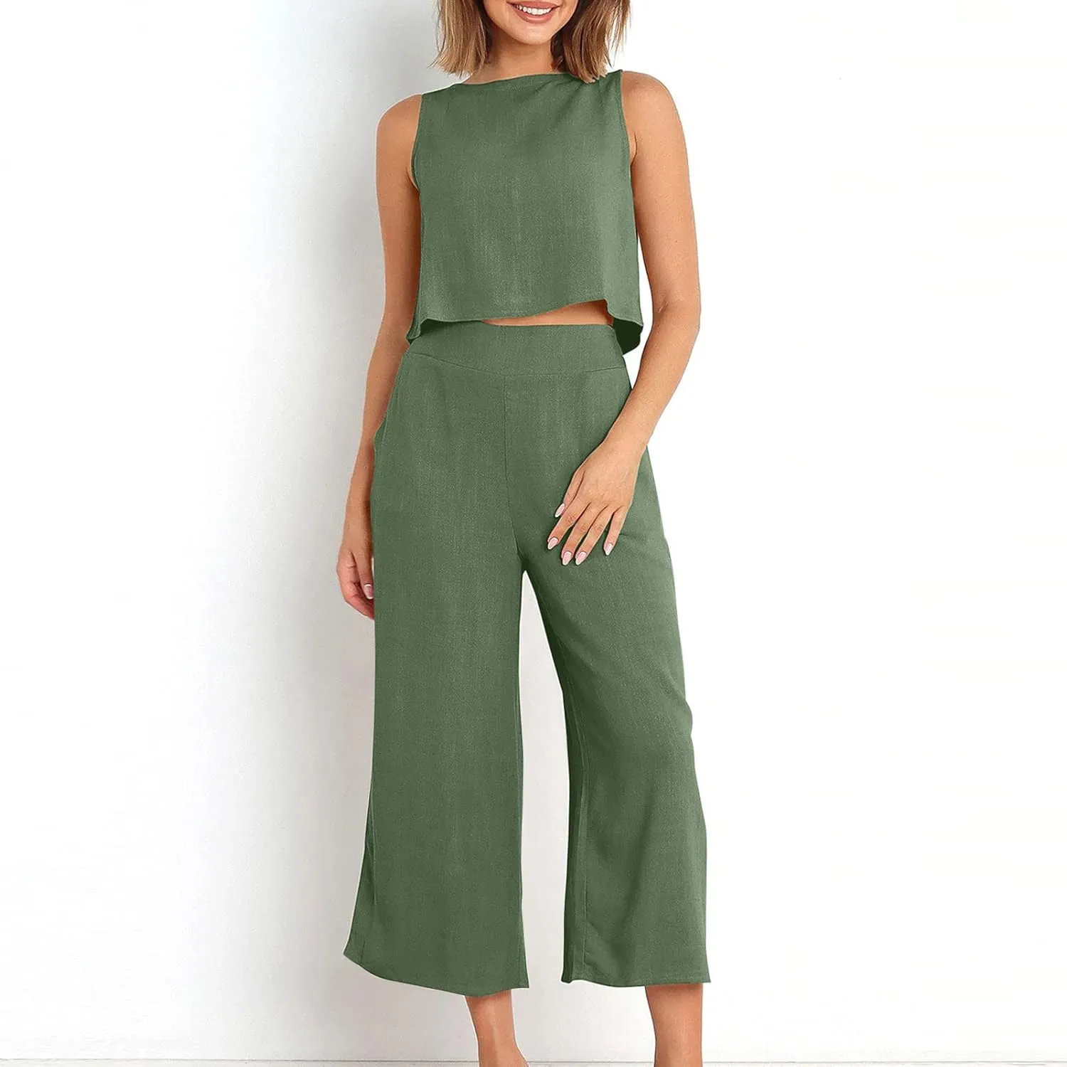 Two Piece Sets for Women Summer Vacation Outfits Sleeveless Crop Top Wide Leg Pants Lounge Beach Travel Clothing