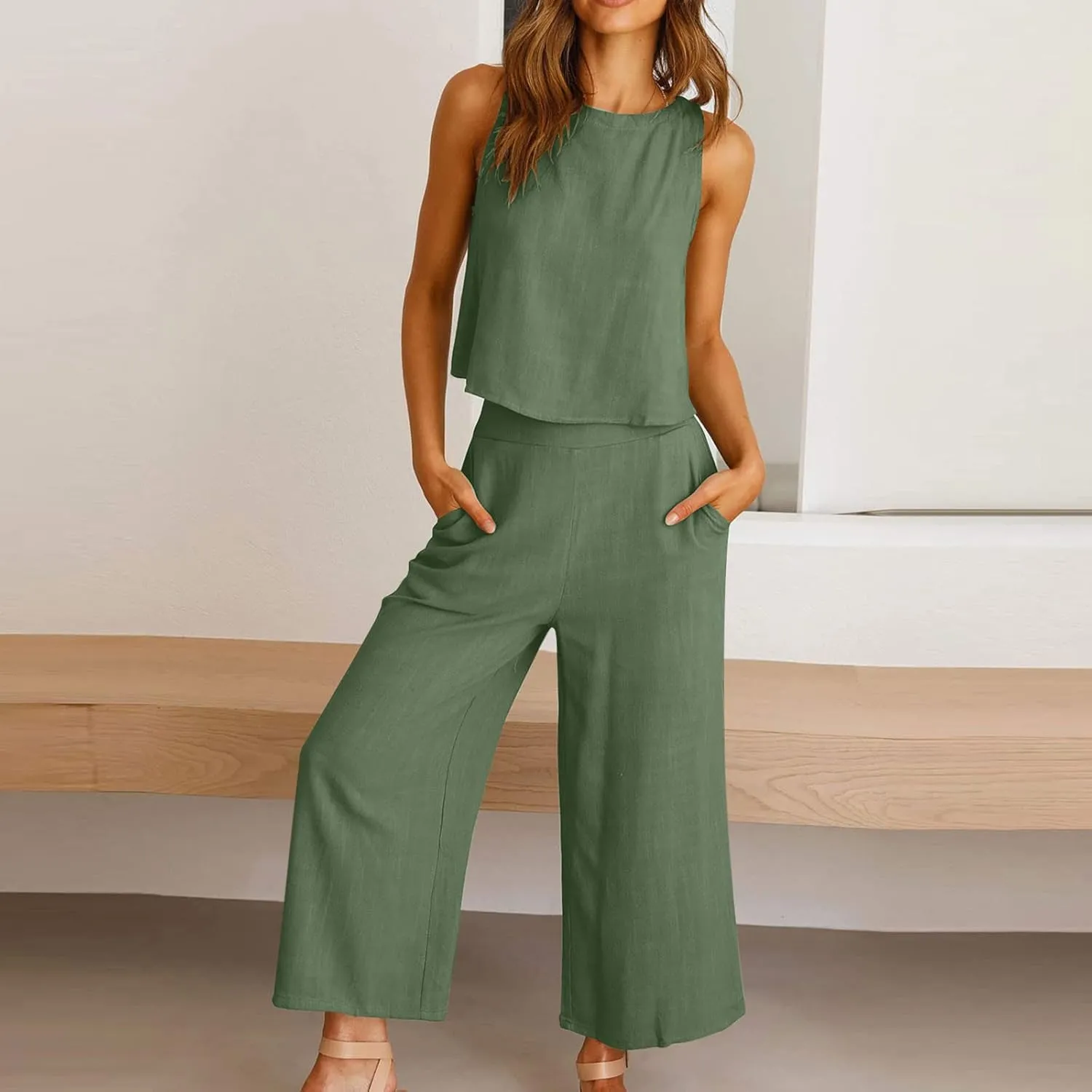 Two Piece Sets for Women Summer Vacation Outfits Sleeveless Crop Top Wide Leg Pants Lounge Beach Travel Clothing