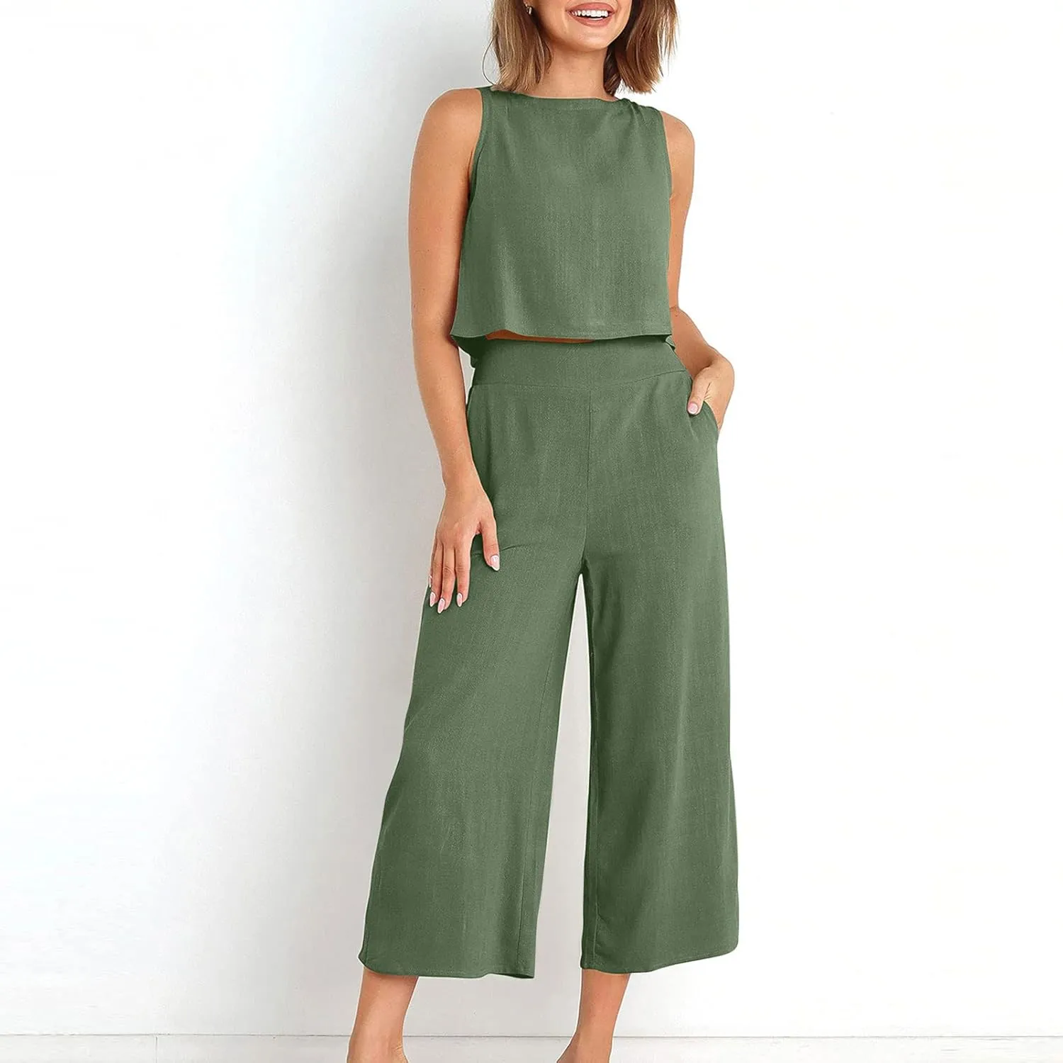 Two Piece Sets for Women Summer Vacation Outfits Sleeveless Crop Top Wide Leg Pants Lounge Beach Travel Clothing