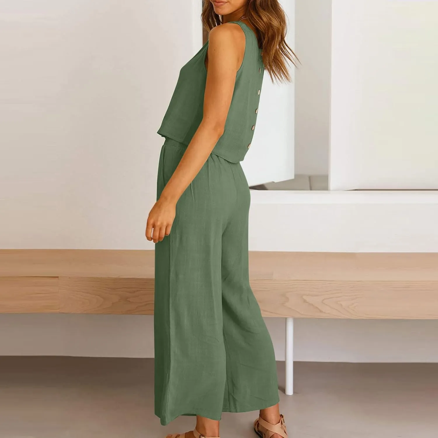 Two Piece Sets for Women Summer Vacation Outfits Sleeveless Crop Top Wide Leg Pants Lounge Beach Travel Clothing