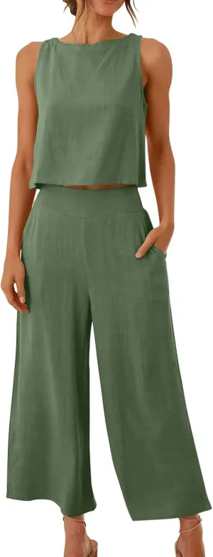 Two Piece Sets for Women Summer Vacation Outfits Sleeveless Crop Top Wide Leg Pants Lounge Beach Travel Clothing