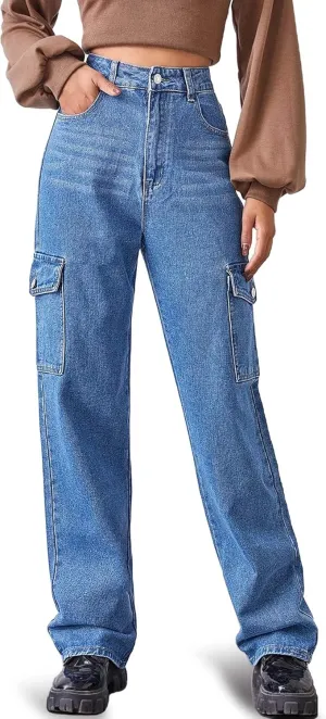 Ugerlov Women's High Waist Flap Pocket Side Baggy Jeans Relaxed Fit Casual Straight Stretch Wide Leg Cargo Jean, Blue X-Large