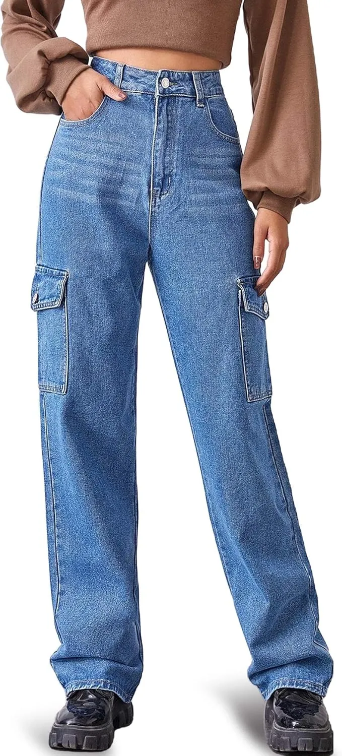 Ugerlov Women's High Waist Flap Pocket Side Baggy Jeans Relaxed Fit Casual Straight Stretch Wide Leg Cargo Jean, Blue X-Large