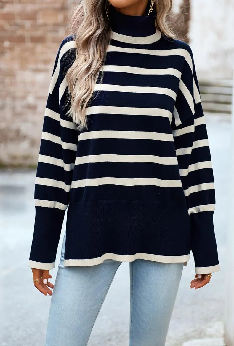 utcoco Womens Striped Sweater Turtleneck Jumper Tops Side Slit Oversized Knit Pullover 2024 Fall Winter