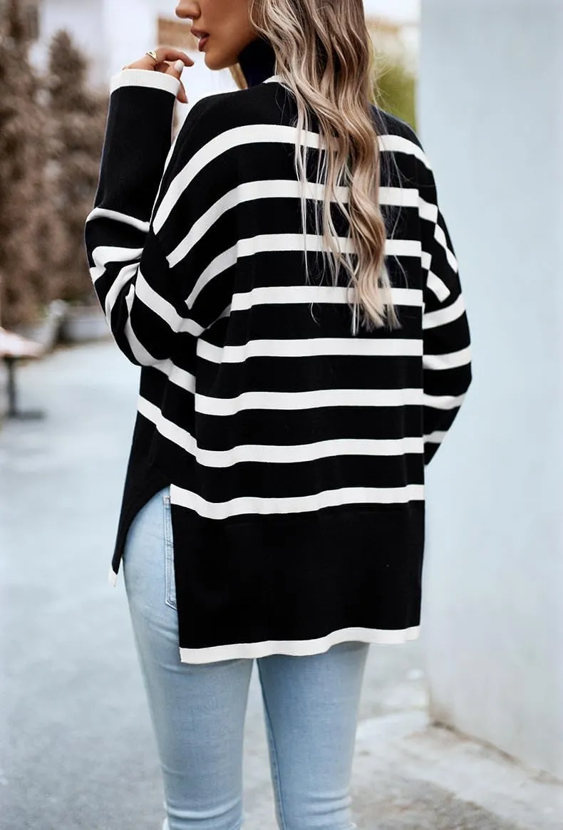 utcoco Womens Striped Sweater Turtleneck Jumper Tops Side Slit Oversized Knit Pullover 2024 Fall Winter