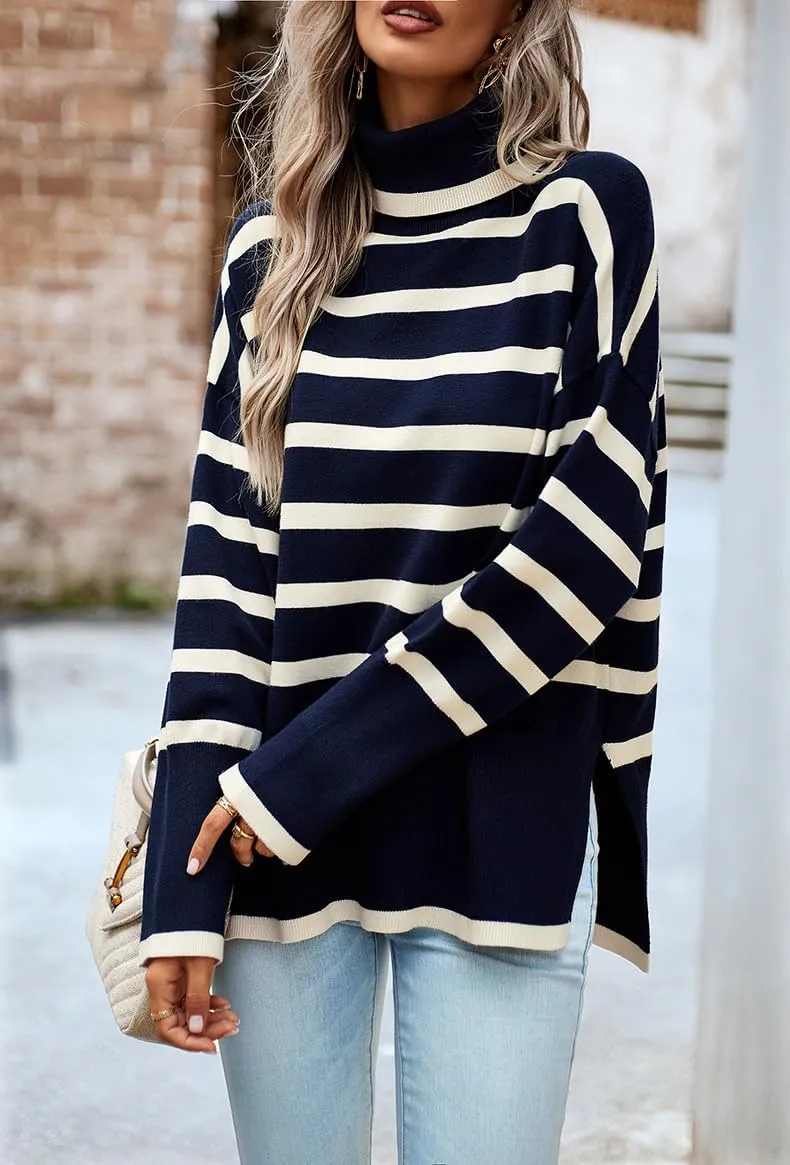 utcoco Womens Striped Sweater Turtleneck Jumper Tops Side Slit Oversized Knit Pullover 2024 Fall Winter