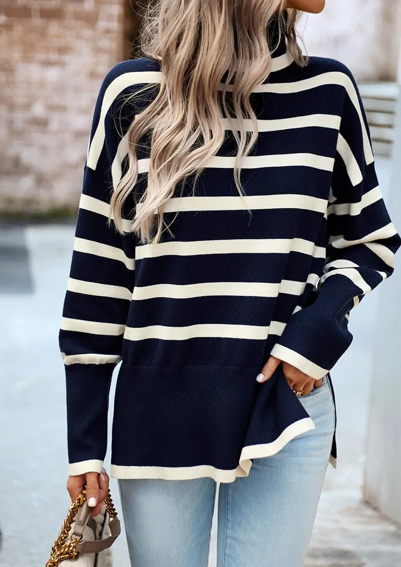 utcoco Womens Striped Sweater Turtleneck Jumper Tops Side Slit Oversized Knit Pullover 2024 Fall Winter