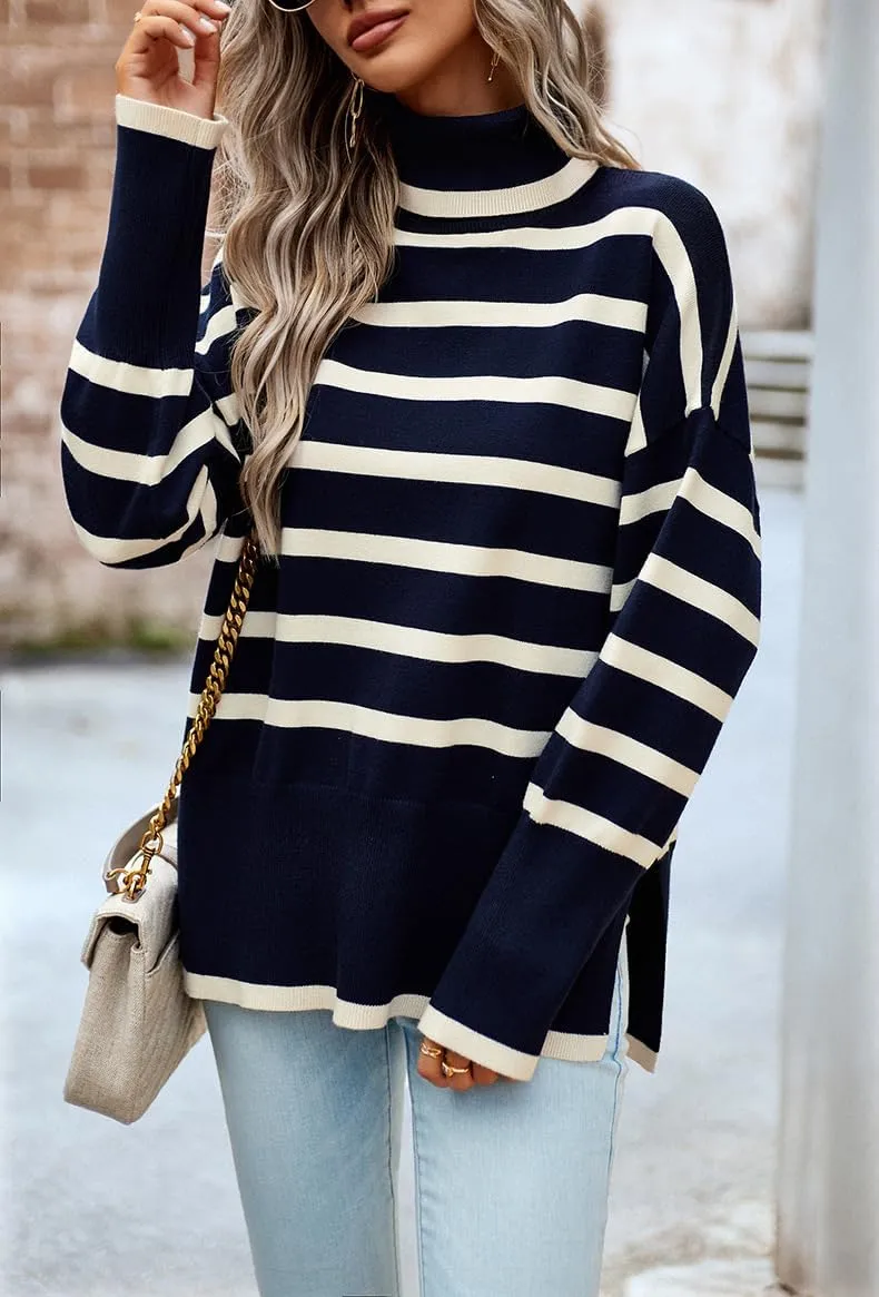 utcoco Womens Striped Sweater Turtleneck Jumper Tops Side Slit Oversized Knit Pullover 2024 Fall Winter