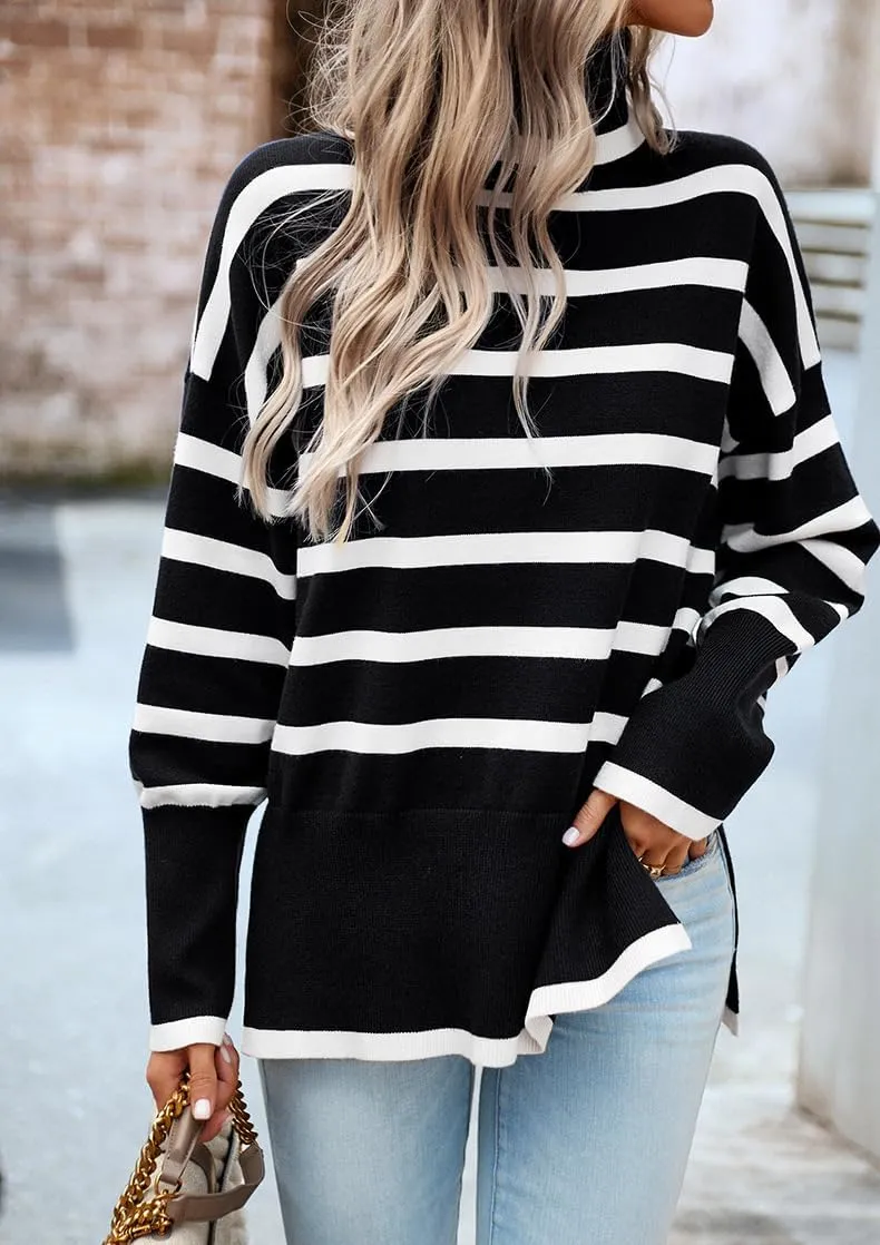 utcoco Womens Striped Sweater Turtleneck Jumper Tops Side Slit Oversized Knit Pullover 2024 Fall Winter