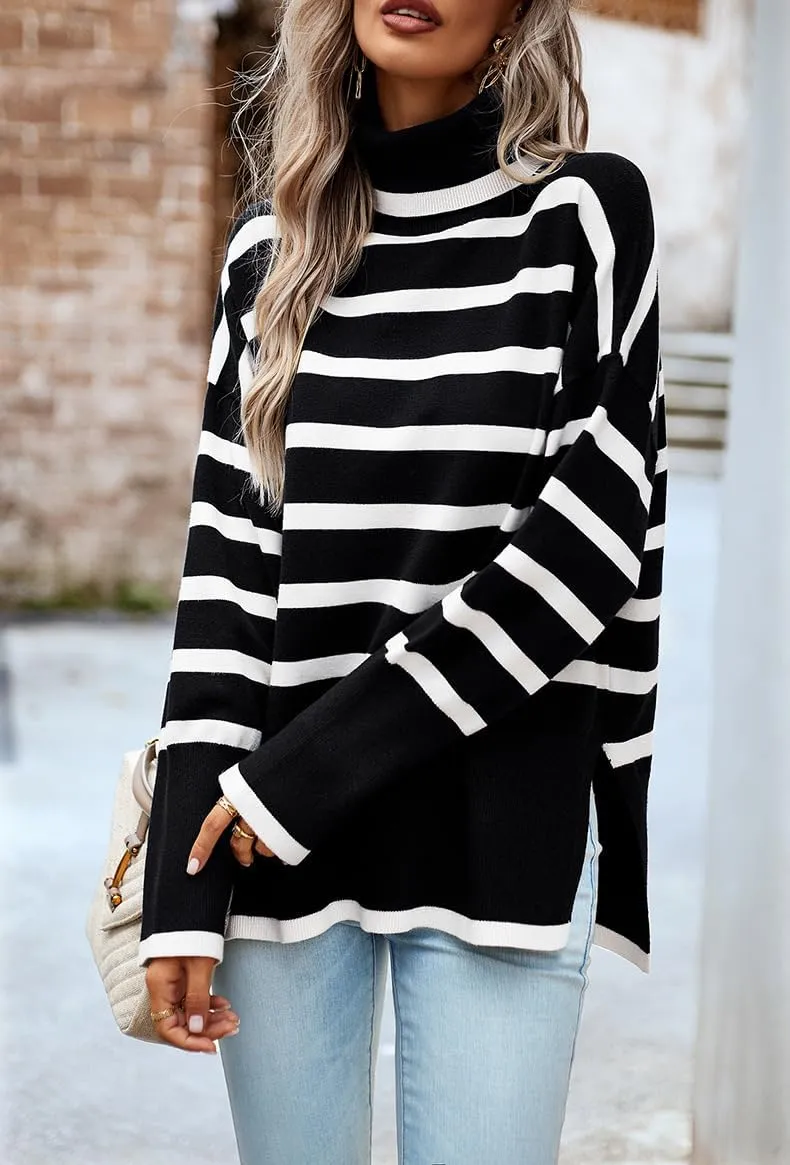 utcoco Womens Striped Sweater Turtleneck Jumper Tops Side Slit Oversized Knit Pullover 2024 Fall Winter