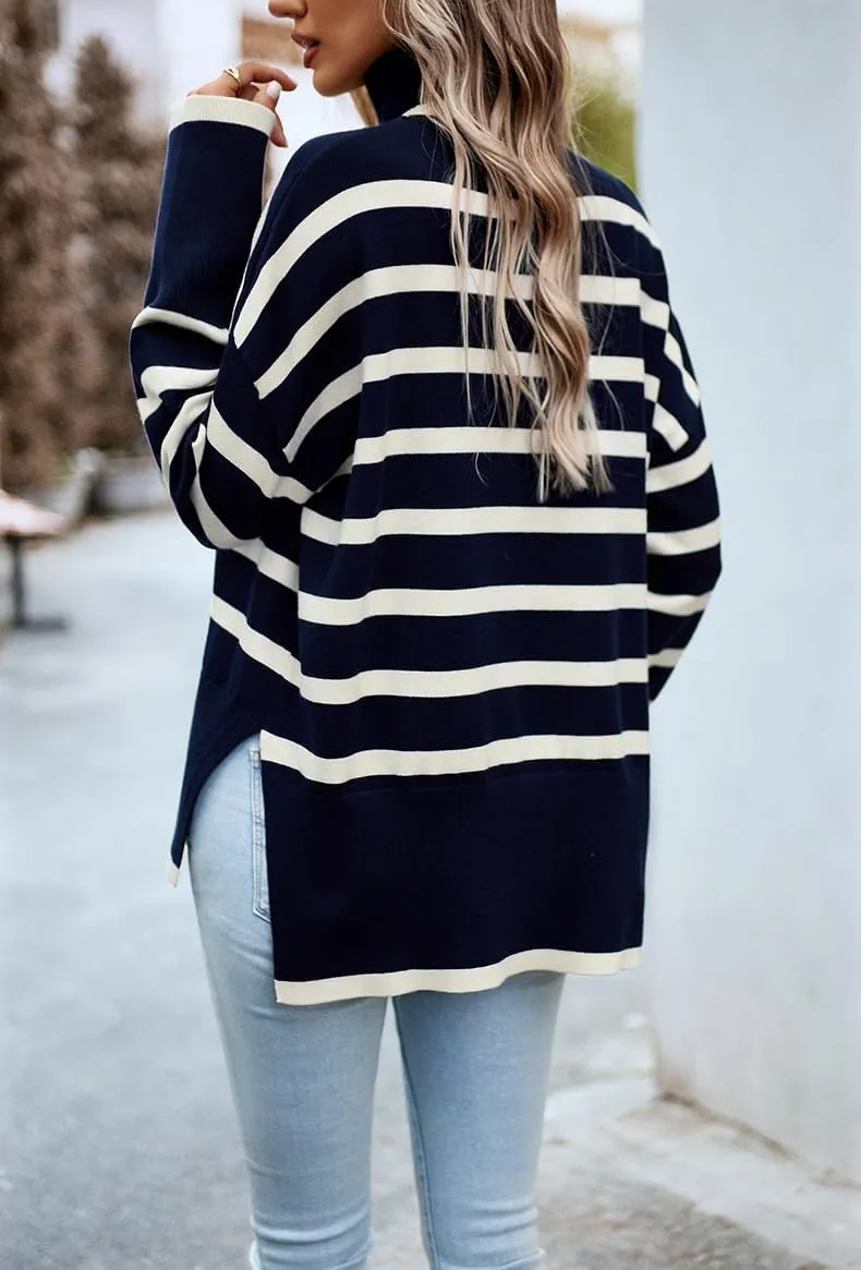 utcoco Womens Striped Sweater Turtleneck Jumper Tops Side Slit Oversized Knit Pullover 2024 Fall Winter