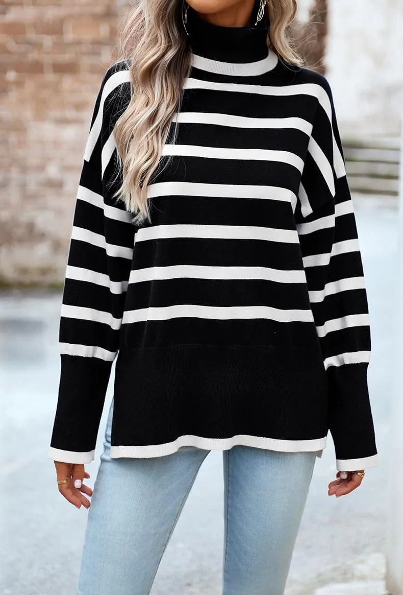 utcoco Womens Striped Sweater Turtleneck Jumper Tops Side Slit Oversized Knit Pullover 2024 Fall Winter