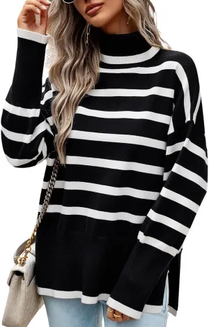 utcoco Womens Striped Sweater Turtleneck Jumper Tops Side Slit Oversized Knit Pullover 2024 Fall Winter
