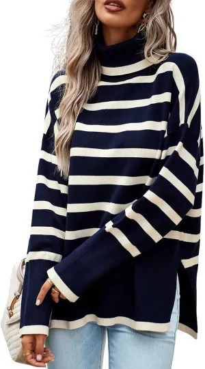 utcoco Womens Striped Sweater Turtleneck Jumper Tops Side Slit Oversized Knit Pullover 2024 Fall Winter