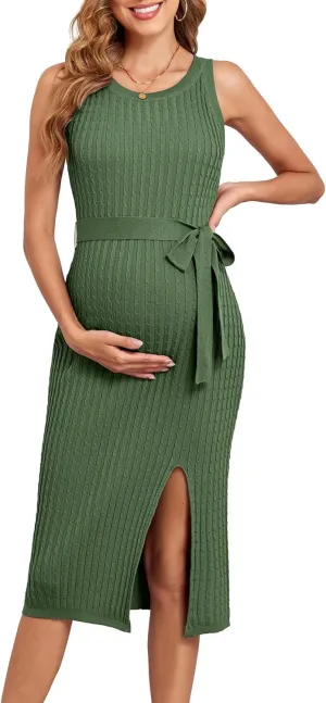 V FOR CITY Maternity Dress for Baby Shower Cable Knit Slit Pregnancy Dresses Casual Sleeveless Bodycon Pregnant Clothes
