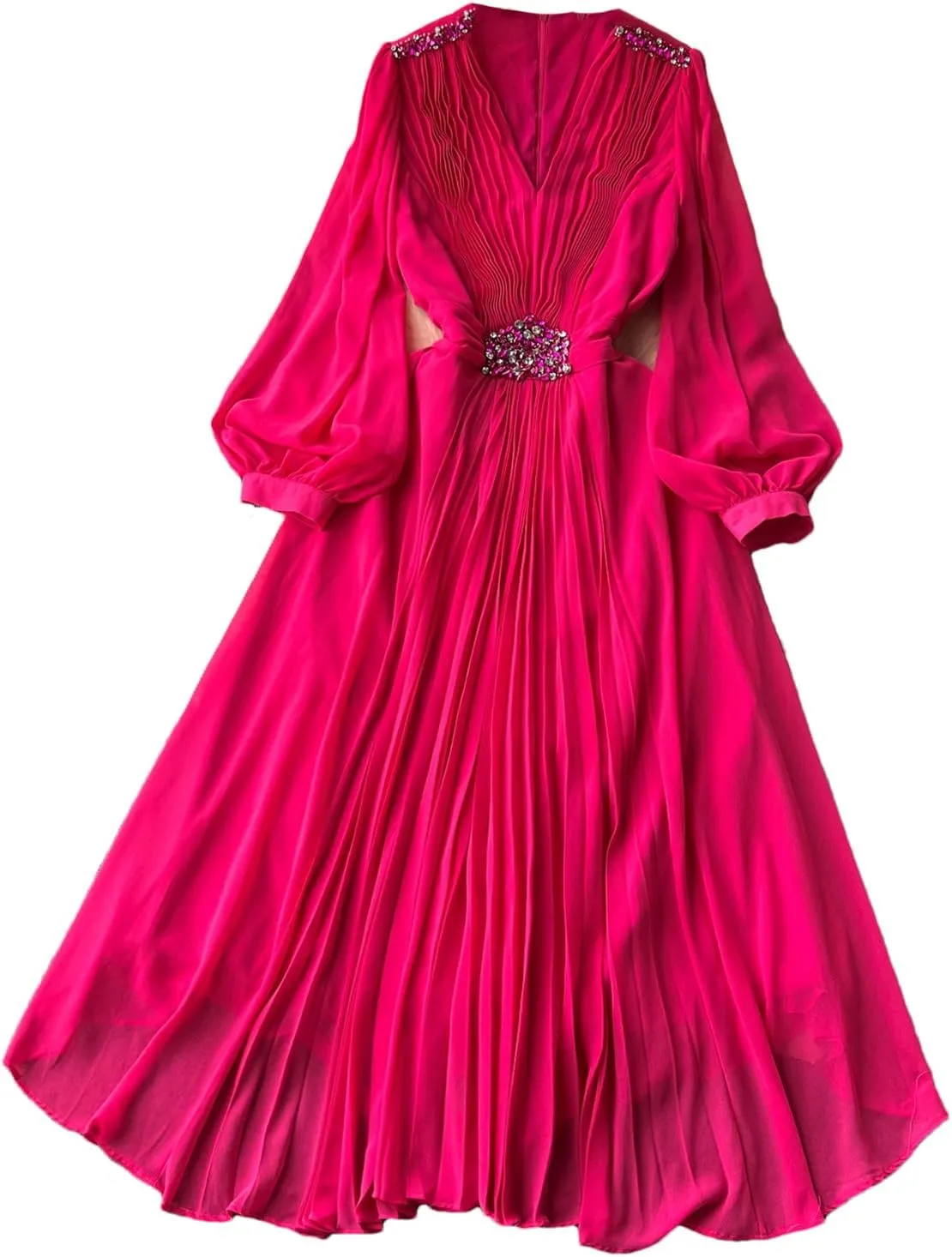 V Neck Pleated Dresses for Women Lantern Sleeve Robe Femme Vintage Slim Waist Dress
