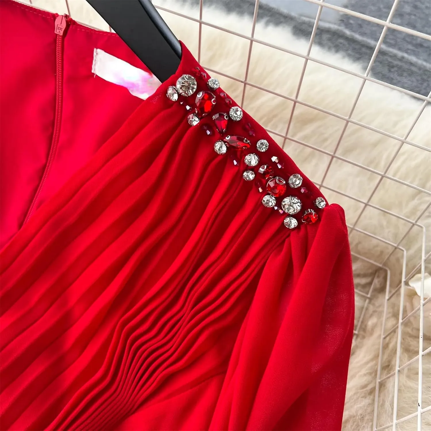 V Neck Pleated Dresses for Women Lantern Sleeve Robe Femme Vintage Slim Waist Dress