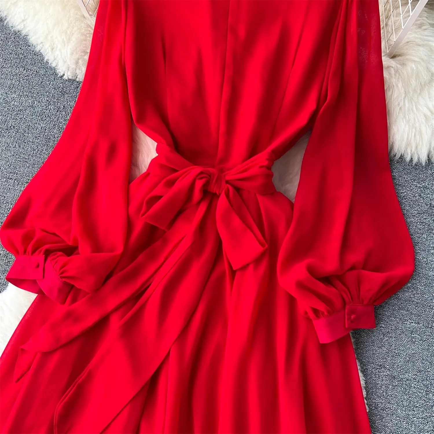 V Neck Pleated Dresses for Women Lantern Sleeve Robe Femme Vintage Slim Waist Dress