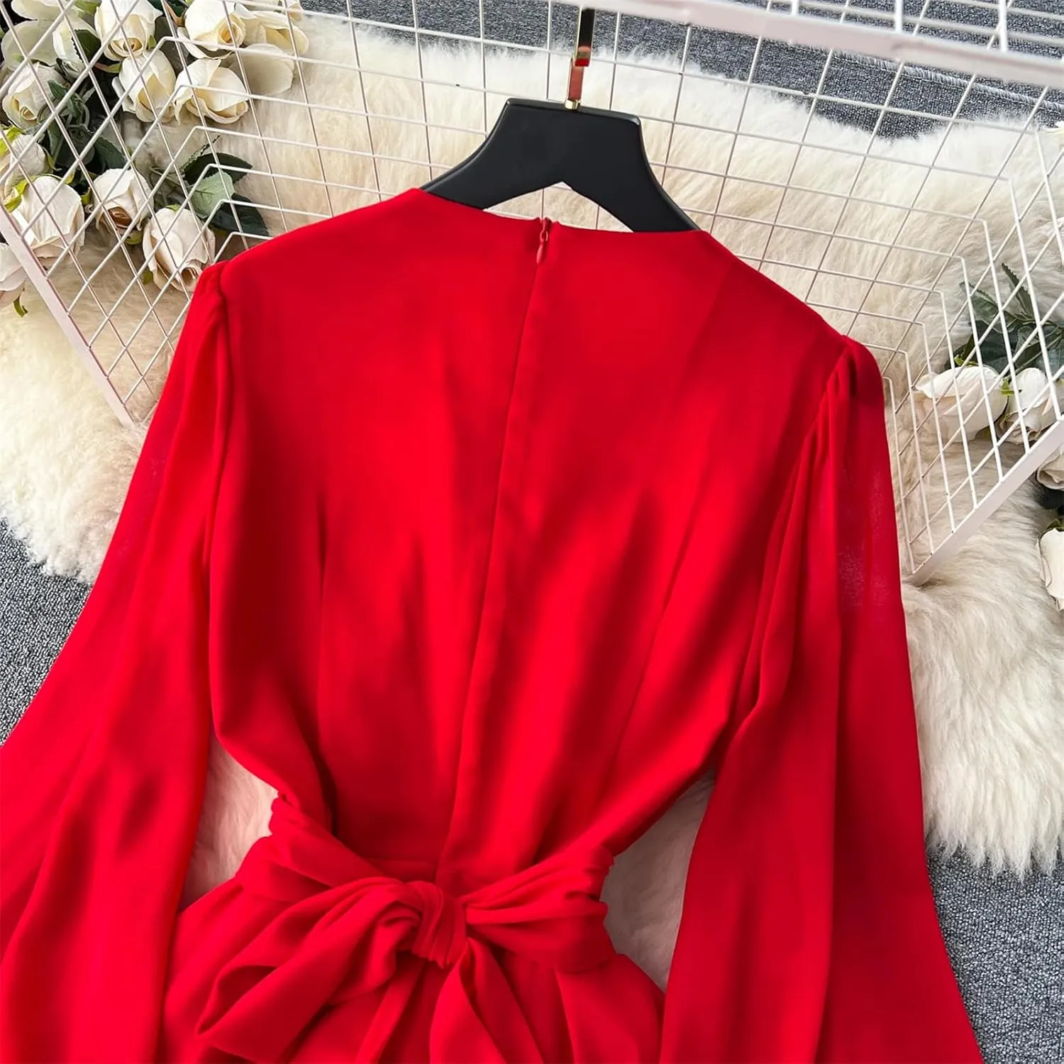 V Neck Pleated Dresses for Women Lantern Sleeve Robe Femme Vintage Slim Waist Dress