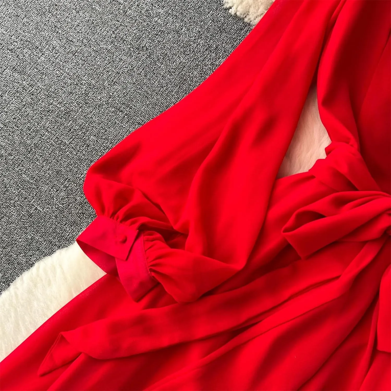 V Neck Pleated Dresses for Women Lantern Sleeve Robe Femme Vintage Slim Waist Dress