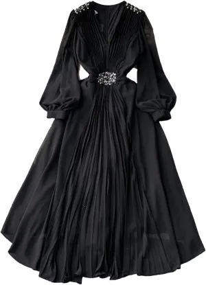 V Neck Pleated Dresses for Women Lantern Sleeve Robe Femme Vintage Slim Waist Dress