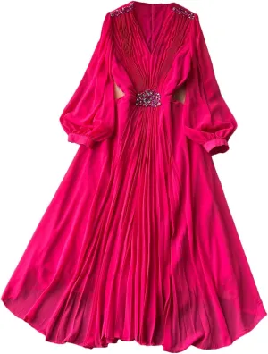 V Neck Pleated Dresses for Women Lantern Sleeve Robe Femme Vintage Slim Waist Dress