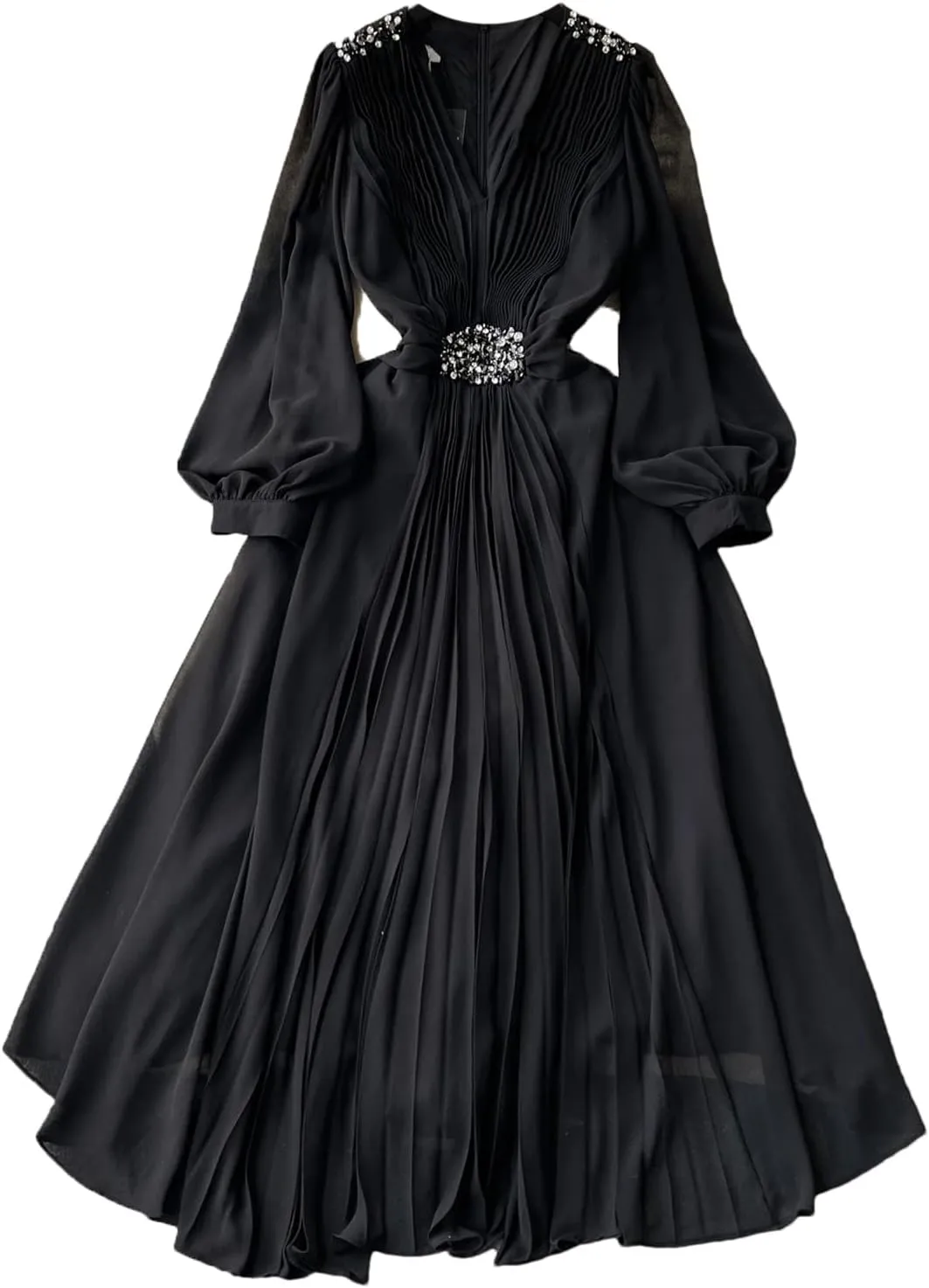 V Neck Pleated Dresses for Women Lantern Sleeve Robe Femme Vintage Slim Waist Dress