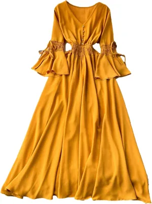 Vintage Elegant Pleated V-Neck Print Dress A-Line Fashion Beach Spring Summer Women Belt Dresses