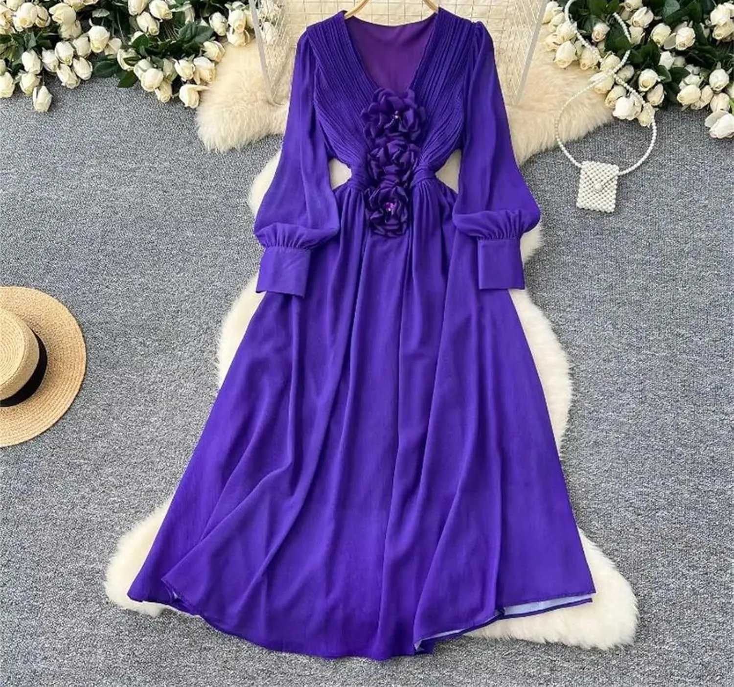 Vintage Fashion V-Neck Long Sleeve Elegant Floral Slim Dress