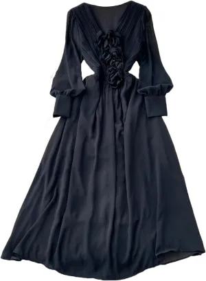 Vintage Fashion V-Neck Long Sleeve Elegant Floral Slim Dress