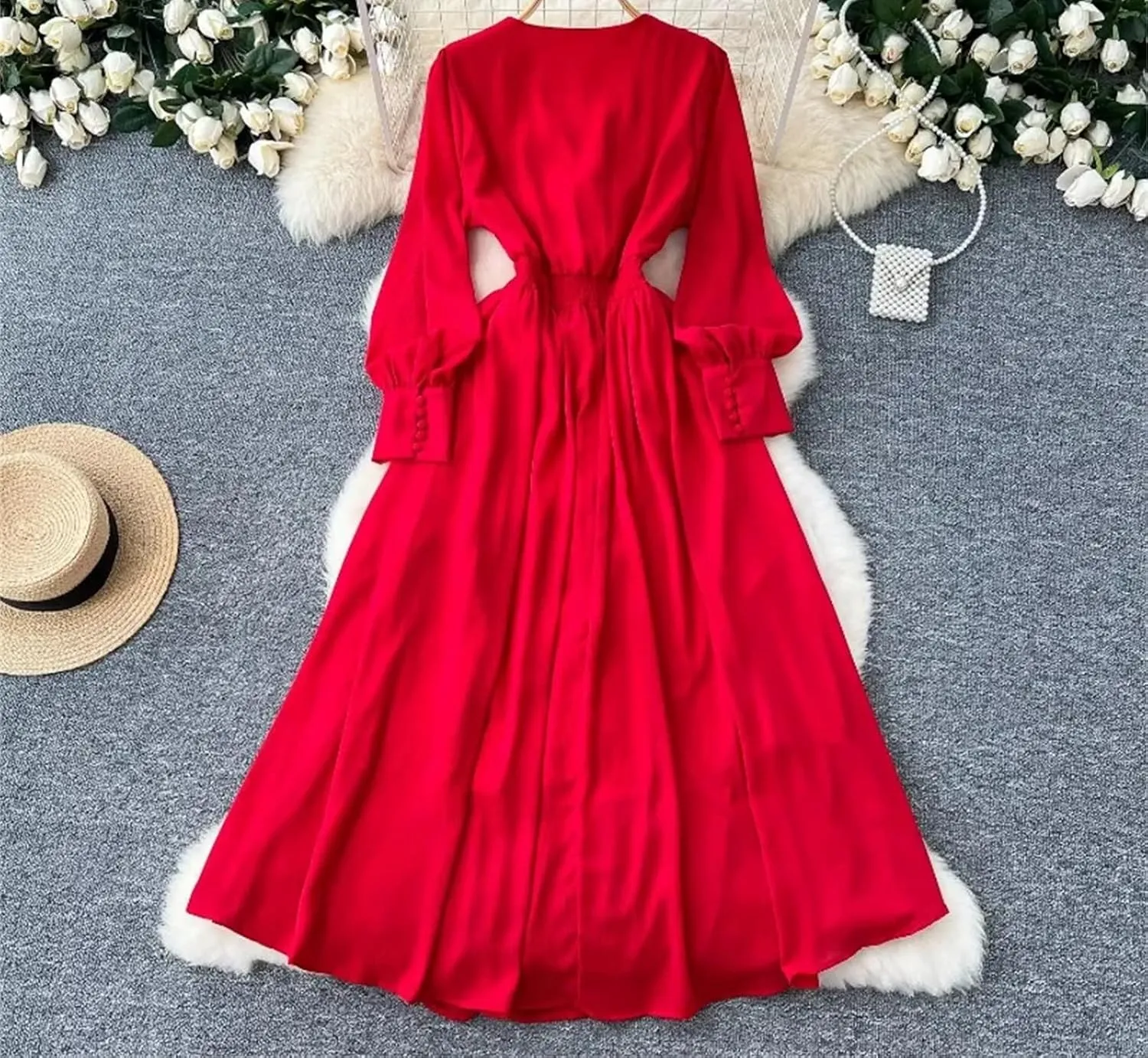 Vintage Fashion V-Neck Long Sleeve Elegant Floral Slim Dress